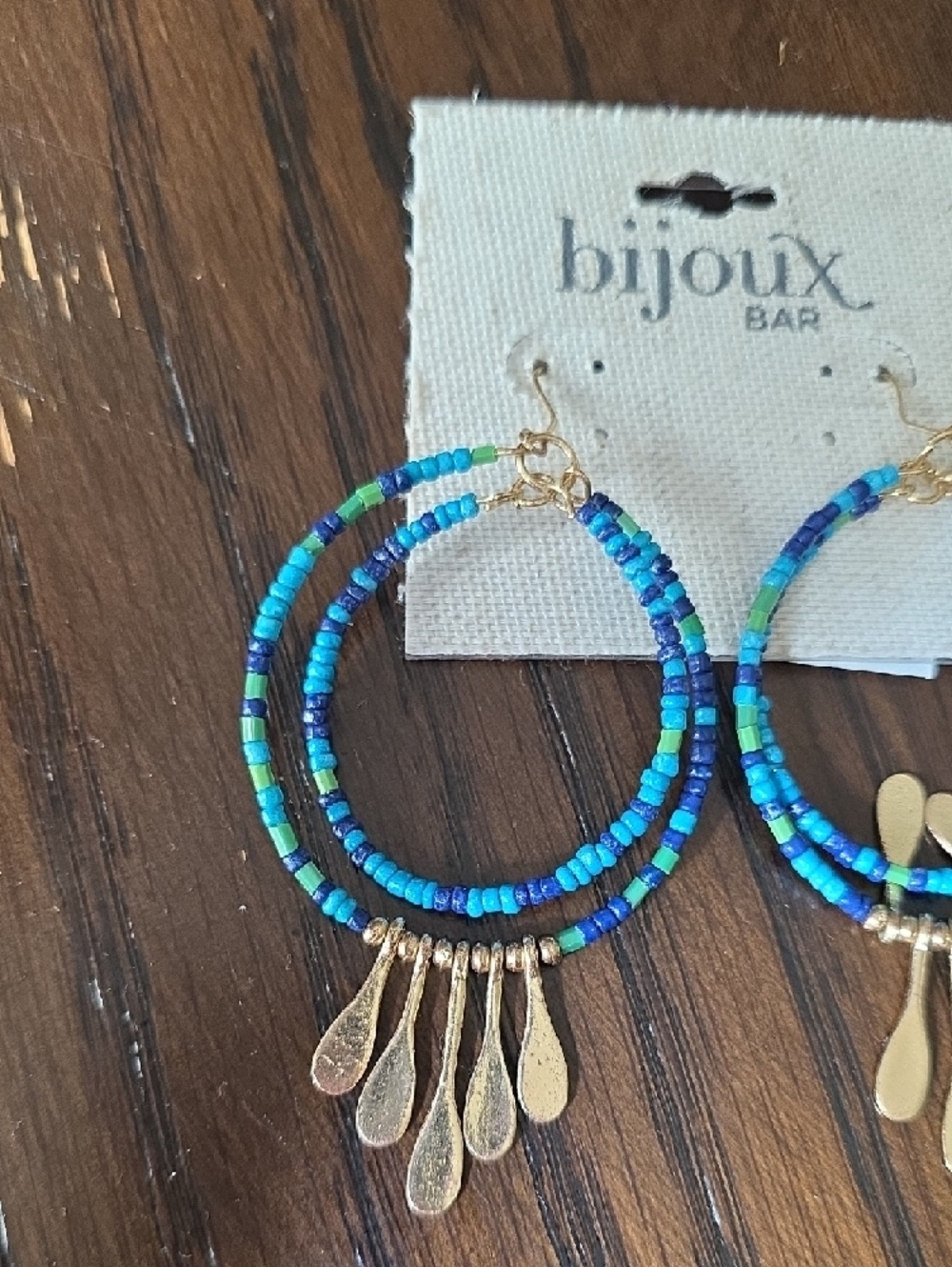 Bijoux Bar, Blue & Aqua Beaded Double Hoop Earrings with Gold Drops - Picture 4 of 4